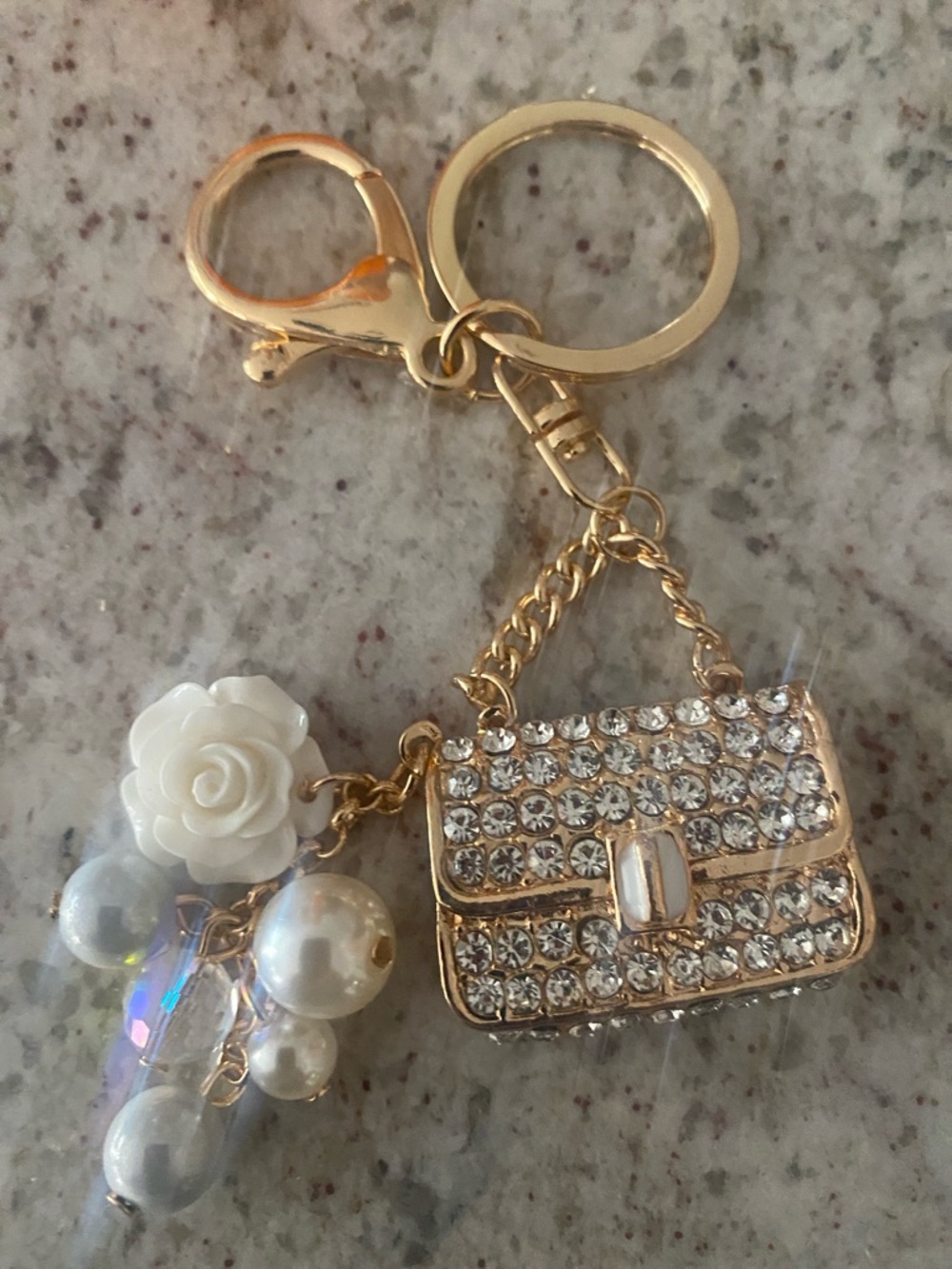 Gold Crystal Mini Purse bag charm Keychain with White Rose and Pearls NWOT - Picture 3 of 5